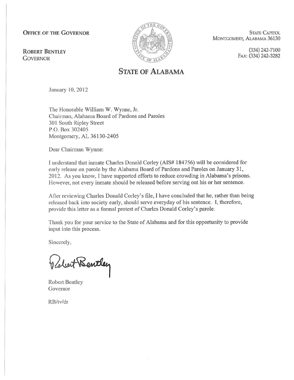 Parole Board Letter from Alabama Governor Robert Bentley