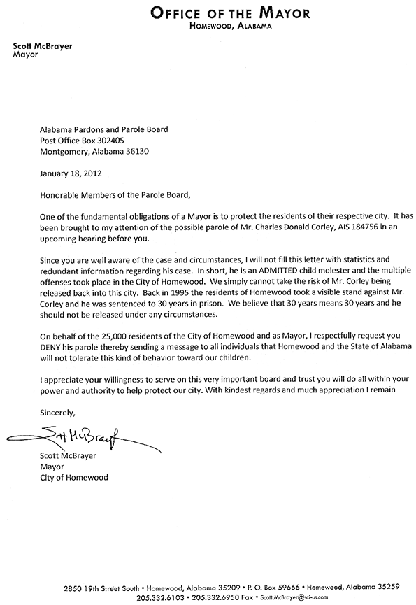 Mayor Scott McBrayer's Letter to the Parole Board