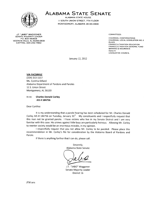 Senator Waggoner Parole Board Letter